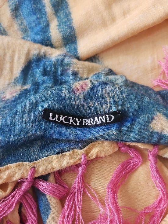 VTG LUCKY BRAND Yellow Abstract Bird Floral Pattern Fringe Scarf / Wrap | SZ 71 - Picture 5 of 6